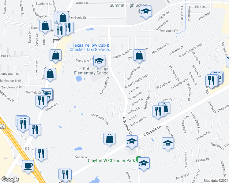 map of restaurants, bars, coffee shops, grocery stores, and more near 309 Dover Heights Trail in Mansfield
