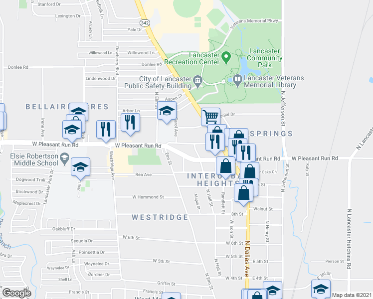 map of restaurants, bars, coffee shops, grocery stores, and more near 325 West Pleasant Run Road in Lancaster