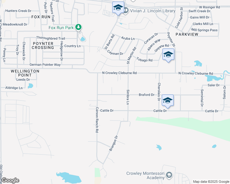 map of restaurants, bars, coffee shops, grocery stores, and more near 3100 Braford Drive in Crowley