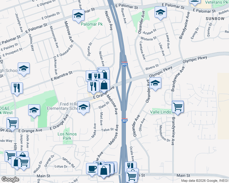 map of restaurants, bars, coffee shops, grocery stores, and more near 309 Slate Court in Chula Vista