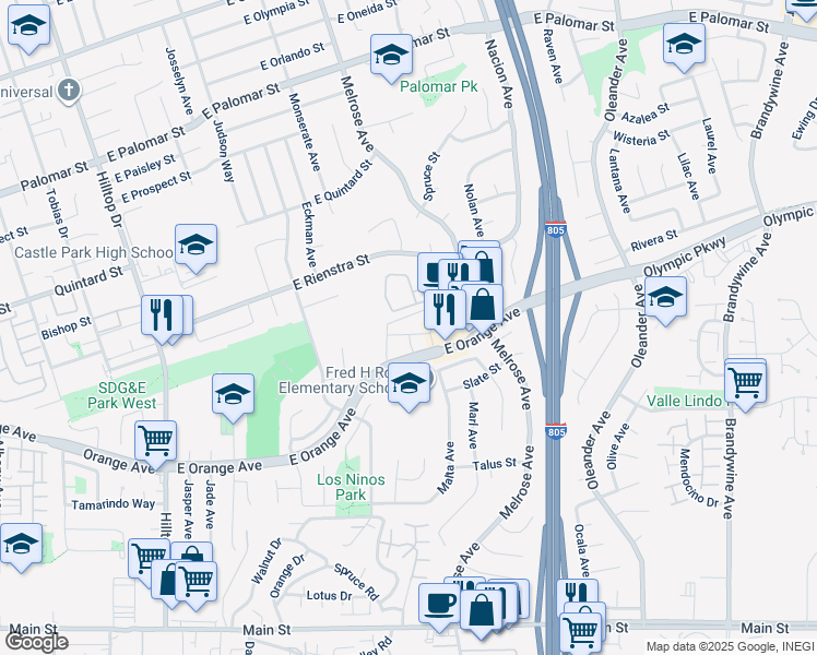 map of restaurants, bars, coffee shops, grocery stores, and more near 225 East Orange Avenue in Chula Vista