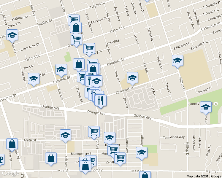 map of restaurants, bars, coffee shops, grocery stores, and more near 255 Quintard Street in Chula Vista