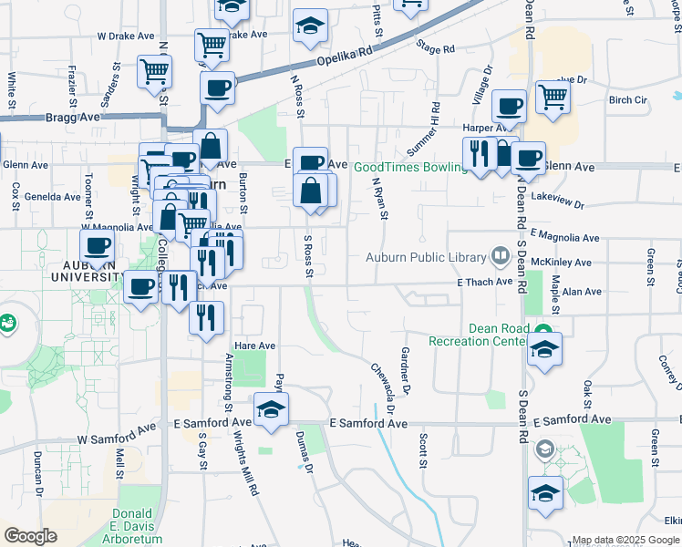 map of restaurants, bars, coffee shops, grocery stores, and more near 502 East Thach Avenue in Auburn