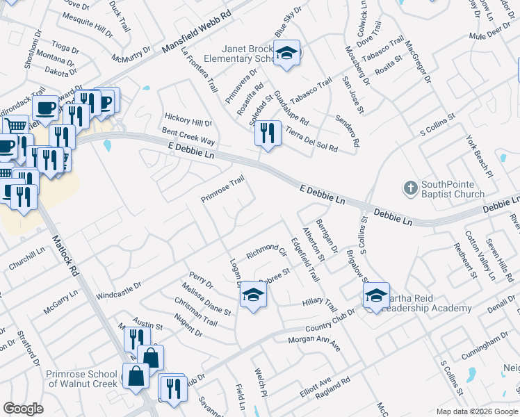 map of restaurants, bars, coffee shops, grocery stores, and more near 2310 Hillgrove Court in Mansfield