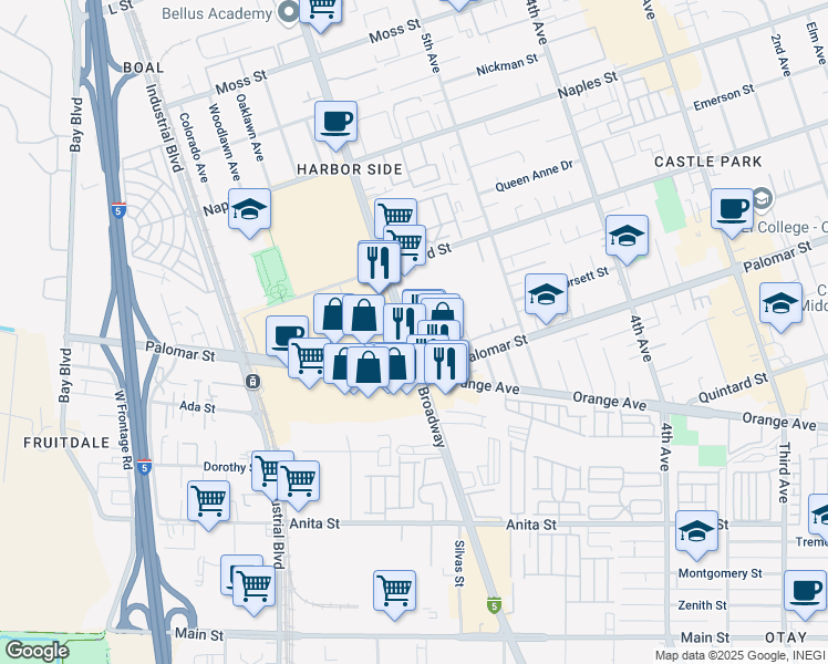 map of restaurants, bars, coffee shops, grocery stores, and more near 1271 Broadway in Chula Vista