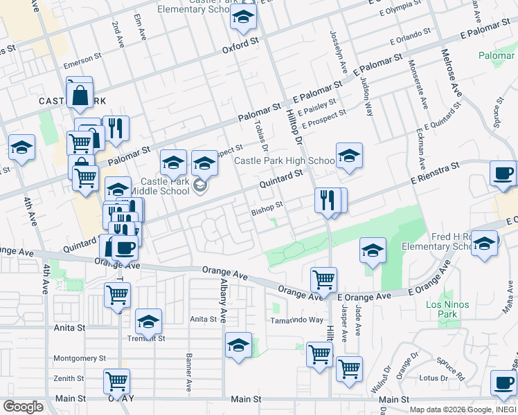map of restaurants, bars, coffee shops, grocery stores, and more near 66 Quintard Street in Chula Vista