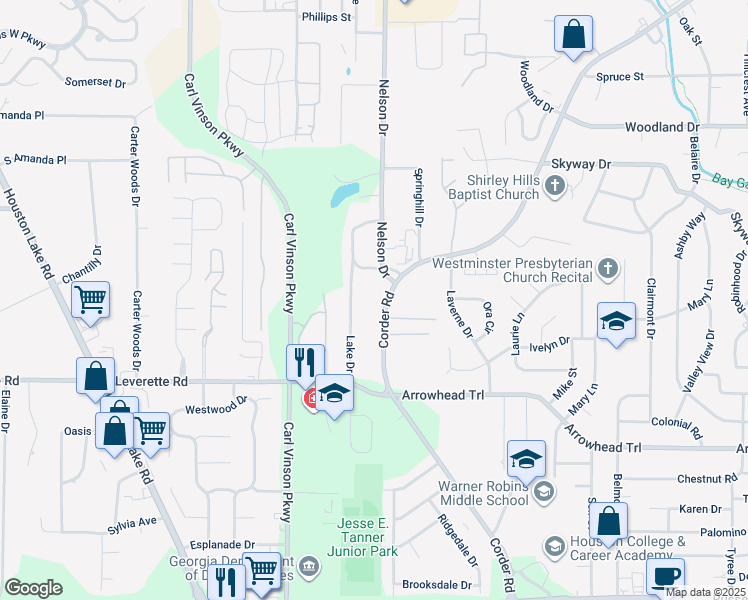 map of restaurants, bars, coffee shops, grocery stores, and more near 904 Corder Road in Warner Robins