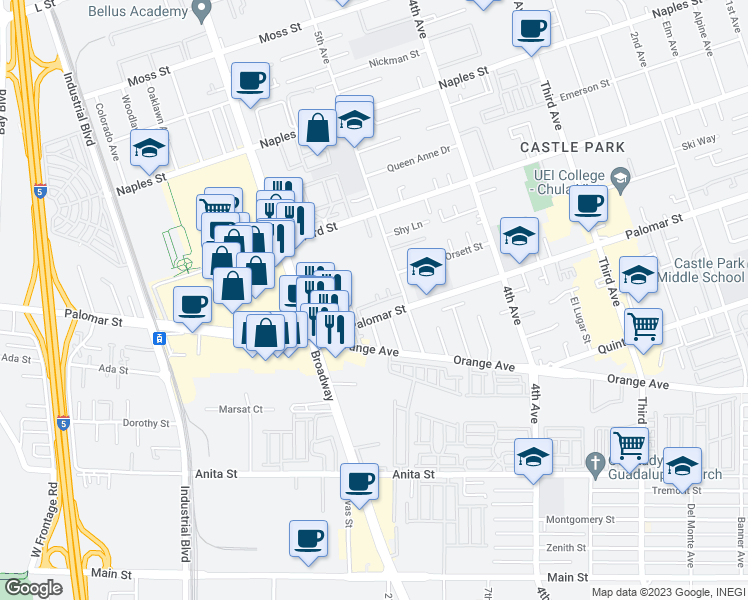 map of restaurants, bars, coffee shops, grocery stores, and more near 1250 5th Avenue in Chula Vista