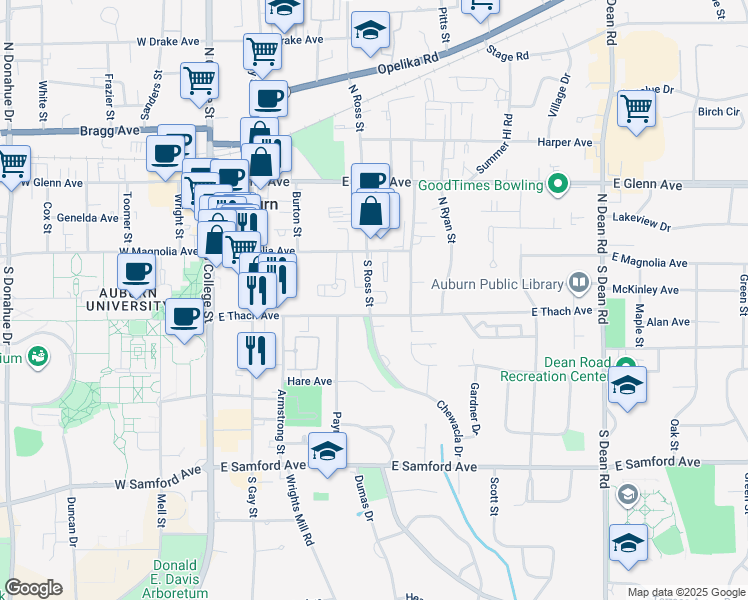 map of restaurants, bars, coffee shops, grocery stores, and more near 129 South Ross Street in Auburn