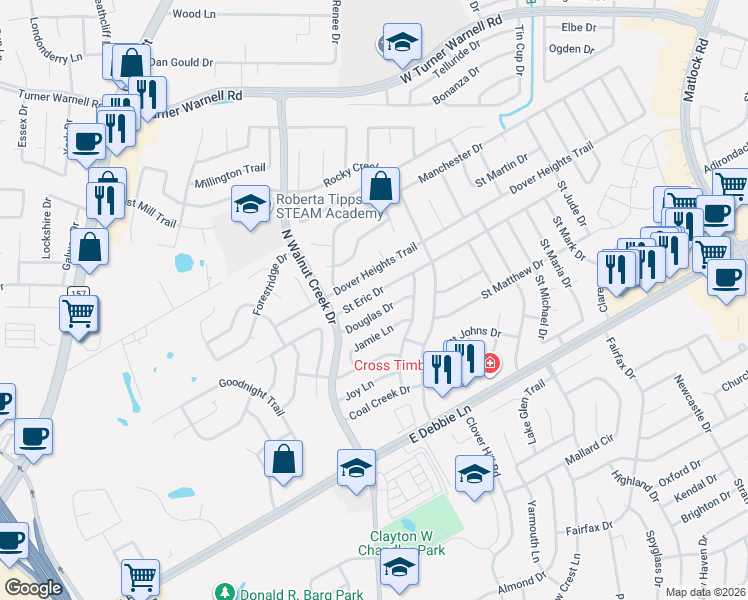 map of restaurants, bars, coffee shops, grocery stores, and more near 623 Saint Eric Drive in Mansfield