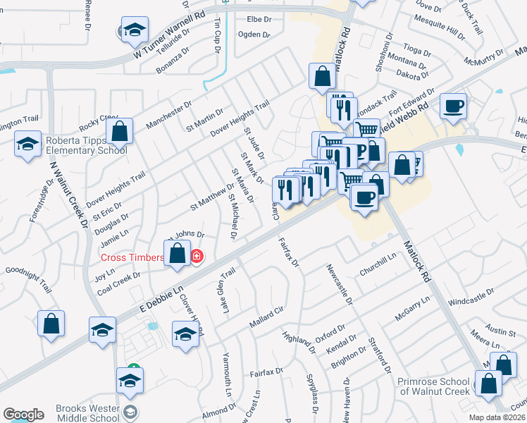 map of restaurants, bars, coffee shops, grocery stores, and more near 1202 Saint Maria Court in Mansfield