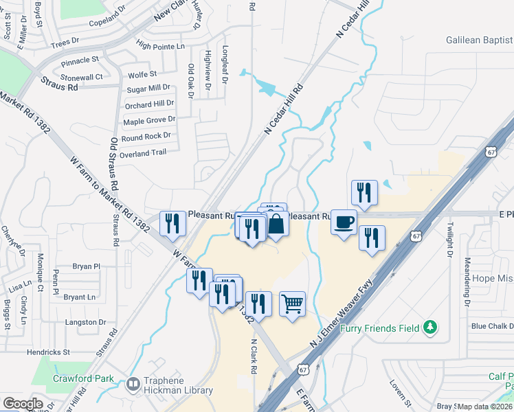 map of restaurants, bars, coffee shops, grocery stores, and more near 931 Nottingham Drive in Cedar Hill