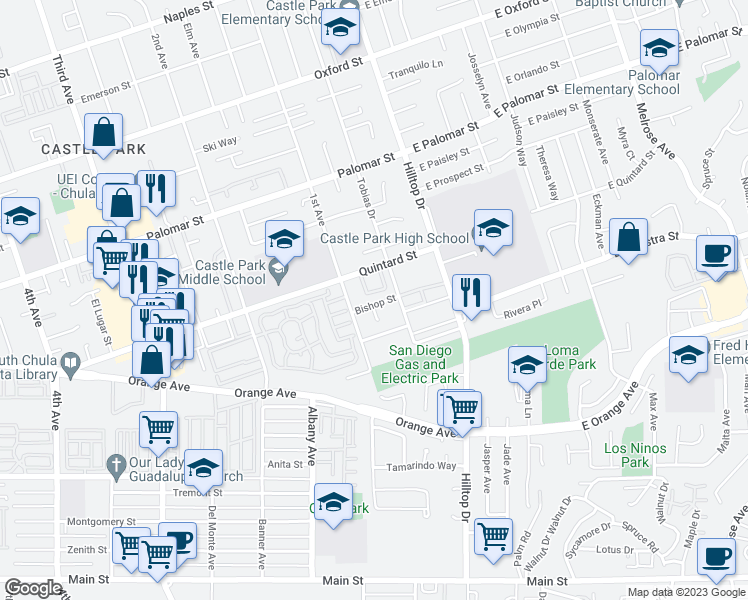 map of restaurants, bars, coffee shops, grocery stores, and more near 75 Bishop Street in Chula Vista