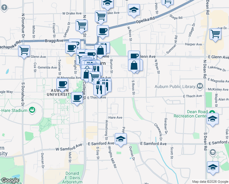map of restaurants, bars, coffee shops, grocery stores, and more near 321 East Thach Avenue in Auburn