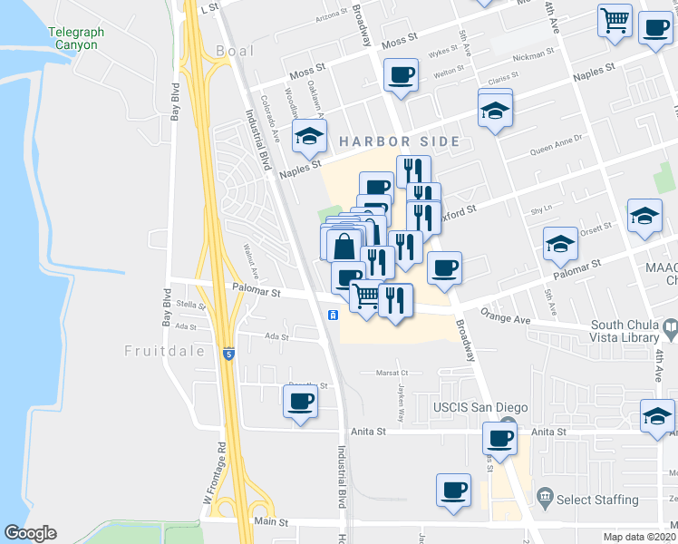 map of restaurants, bars, coffee shops, grocery stores, and more near 687 Oxford Street in Chula Vista
