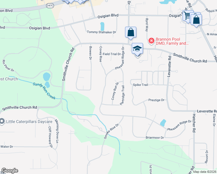 map of restaurants, bars, coffee shops, grocery stores, and more near 303 Pheasant Ridge Drive in Warner Robins