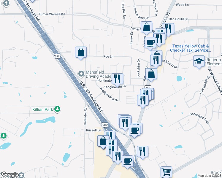 map of restaurants, bars, coffee shops, grocery stores, and more near 1012 Tanglewood Drive in Mansfield