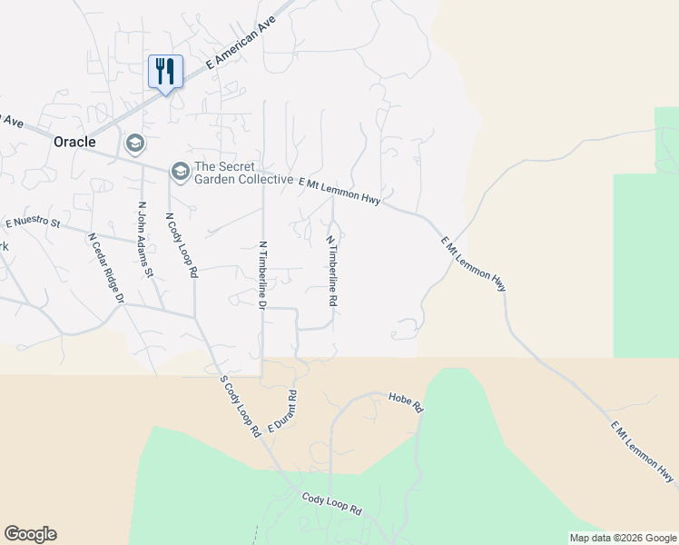 map of restaurants, bars, coffee shops, grocery stores, and more near 565 North Timberline Drive in Oracle