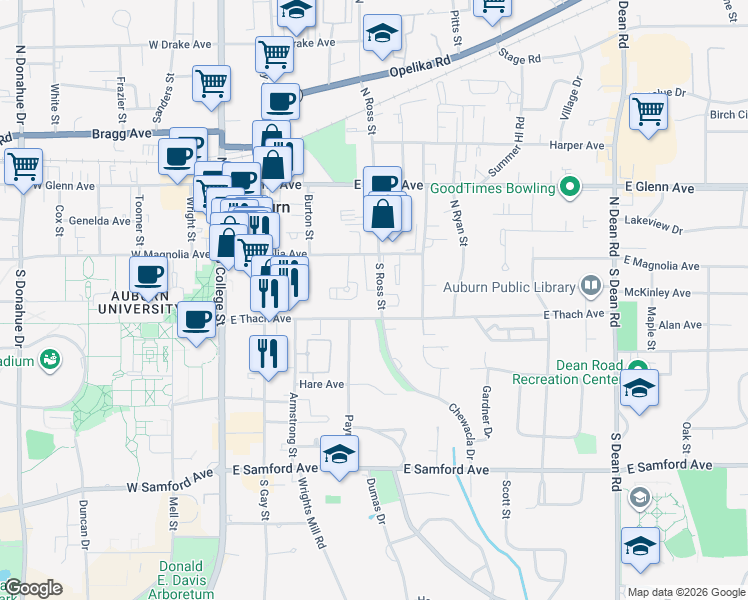map of restaurants, bars, coffee shops, grocery stores, and more near 129 South Ross Street in Auburn