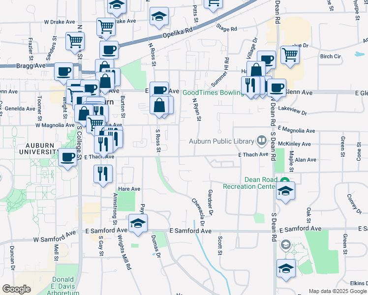map of restaurants, bars, coffee shops, grocery stores, and more near 131 South Debardeleben Street in Auburn