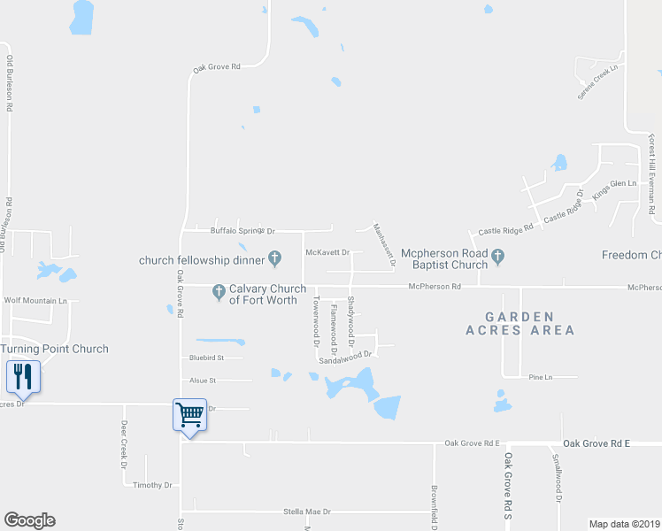 map of restaurants, bars, coffee shops, grocery stores, and more near 1017 McKavett Drive in Fort Worth