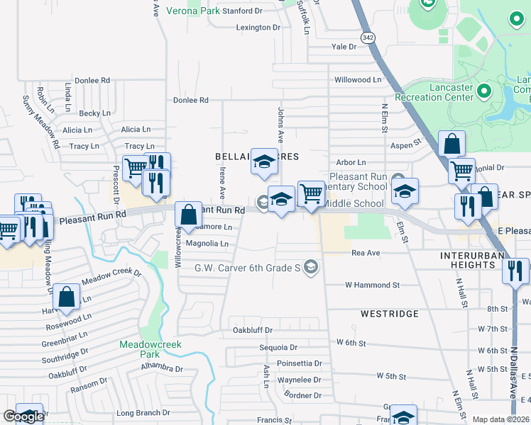 map of restaurants, bars, coffee shops, grocery stores, and more near 822 West Pleasant Run Road in Lancaster