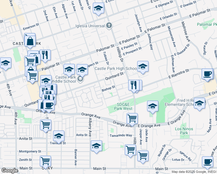 map of restaurants, bars, coffee shops, grocery stores, and more near 66 Quintard Street in Chula Vista
