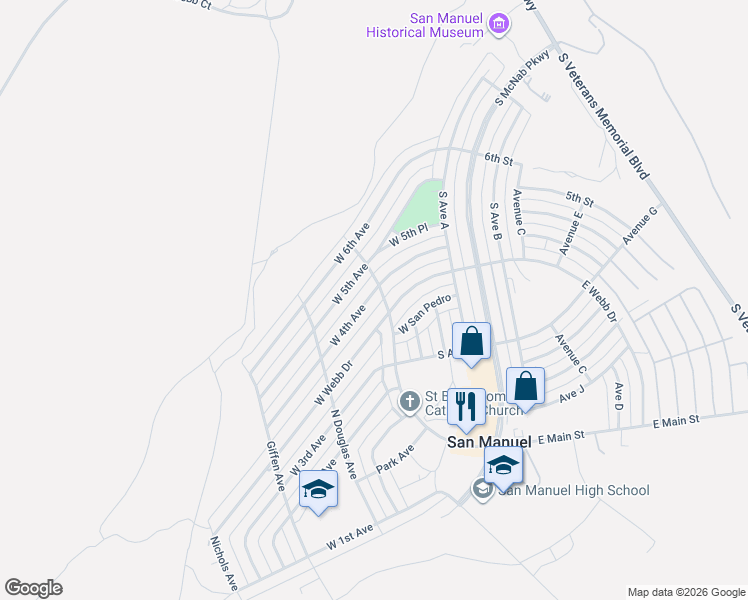 map of restaurants, bars, coffee shops, grocery stores, and more near 603 West 4th Avenue in San Manuel