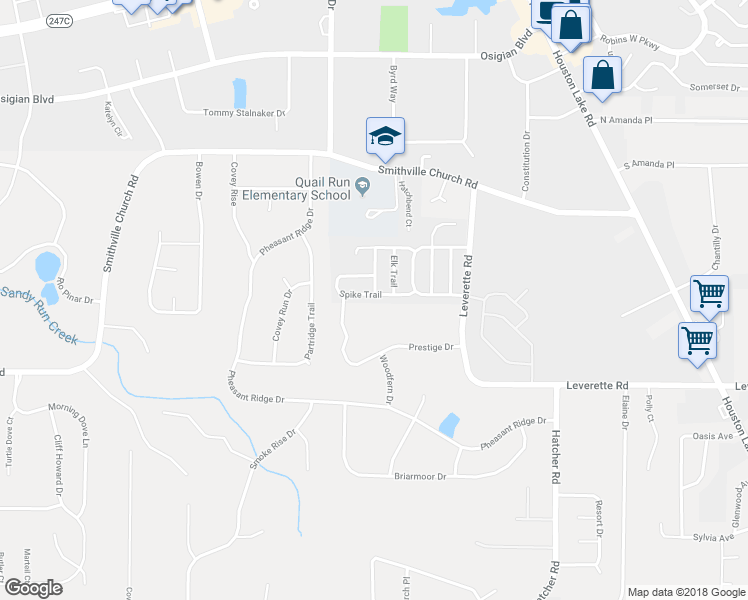 map of restaurants, bars, coffee shops, grocery stores, and more near 301 Spike Trail in Warner Robins