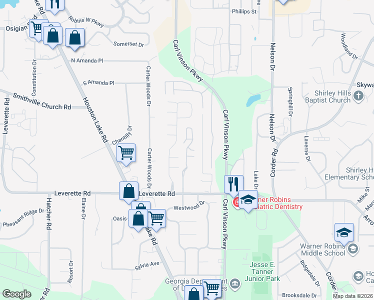 map of restaurants, bars, coffee shops, grocery stores, and more near 113 Landings Drive in Warner Robins