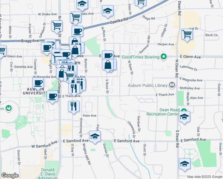 map of restaurants, bars, coffee shops, grocery stores, and more near 129 South Ross Street in Auburn