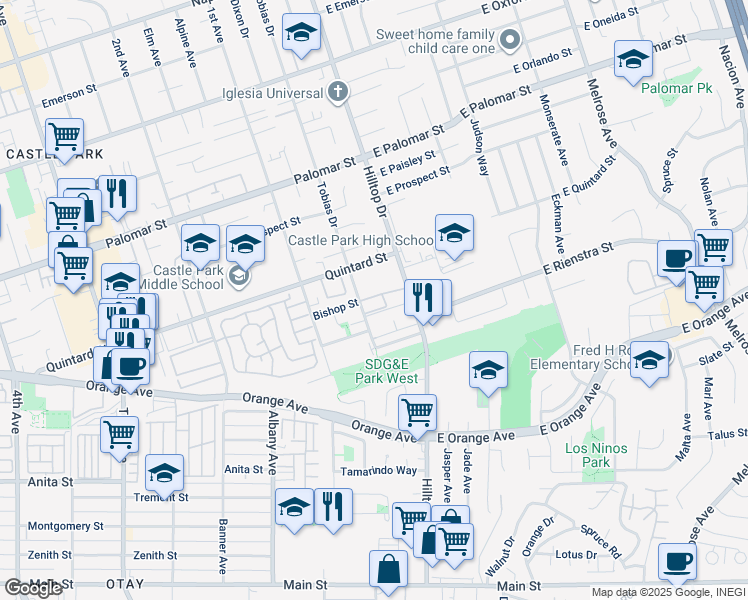 map of restaurants, bars, coffee shops, grocery stores, and more near 1420 Hilltop Drive in Chula Vista