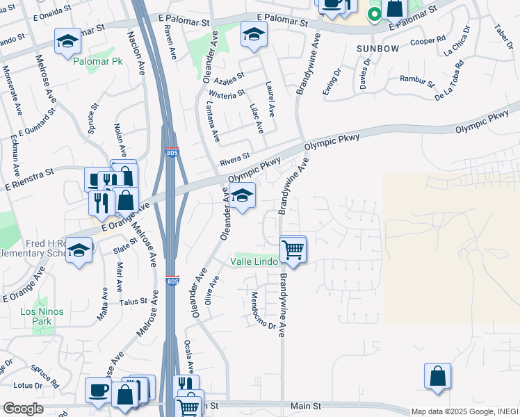 map of restaurants, bars, coffee shops, grocery stores, and more near 1541 Sonora Drive in Chula Vista