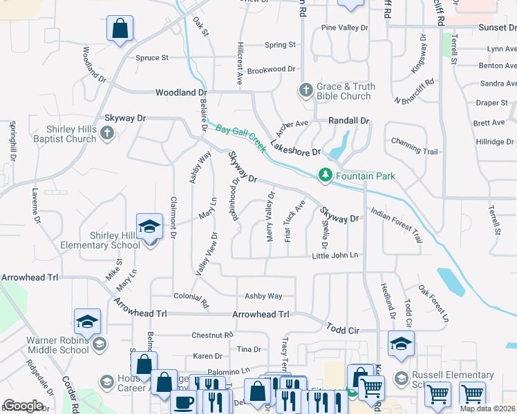 map of restaurants, bars, coffee shops, grocery stores, and more near 108 Nottingham Road in Warner Robins