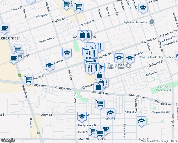 map of restaurants, bars, coffee shops, grocery stores, and more near 1328 3rd Avenue in Chula Vista