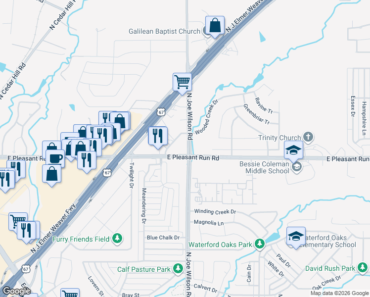 map of restaurants, bars, coffee shops, grocery stores, and more near 917 North Joe Wilson Road in Cedar Hill