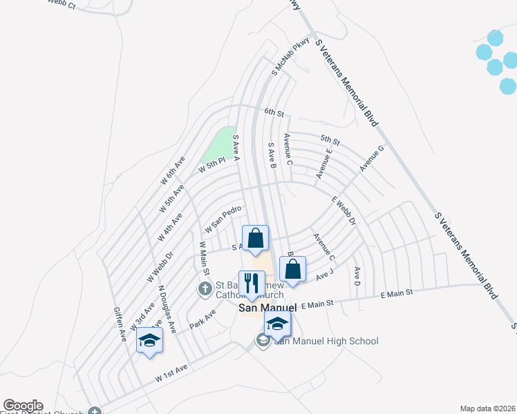 map of restaurants, bars, coffee shops, grocery stores, and more near 312 South McNab Parkway in San Manuel