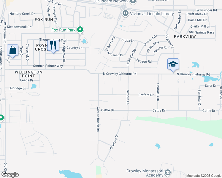 map of restaurants, bars, coffee shops, grocery stores, and more near 3100 Braford Dr in Crowley