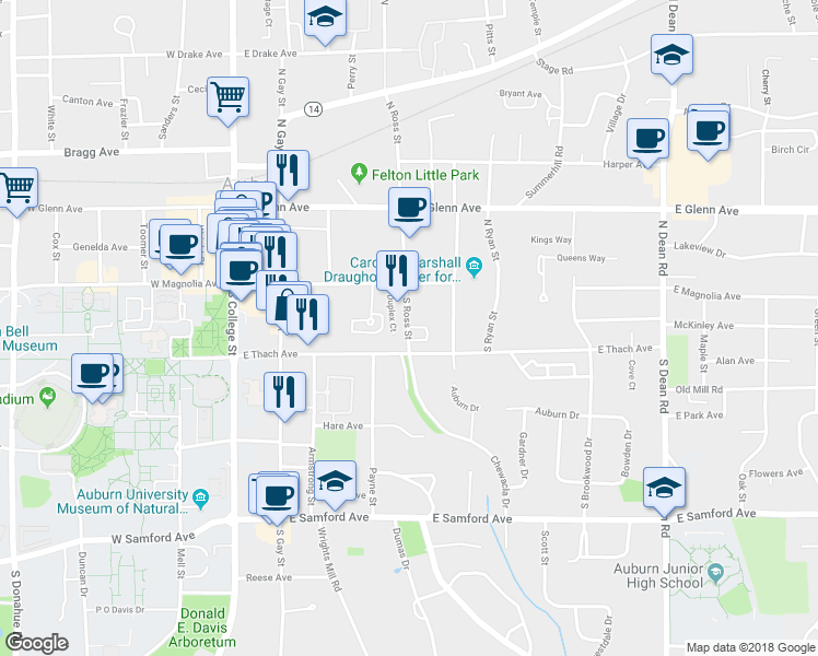 map of restaurants, bars, coffee shops, grocery stores, and more near 127 South Ross Street in Auburn