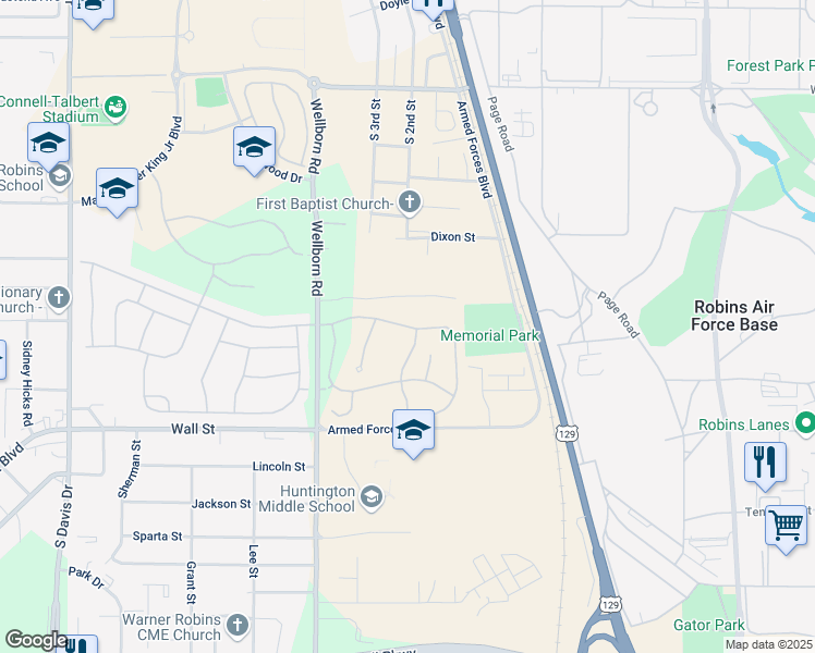 map of restaurants, bars, coffee shops, grocery stores, and more near Marion Way in Warner Robins