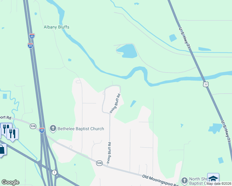 map of restaurants, bars, coffee shops, grocery stores, and more near 451 Irving Bluff Road in Shreveport