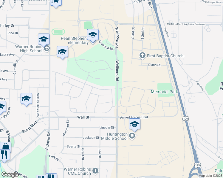 map of restaurants, bars, coffee shops, grocery stores, and more near 631 Randolph Avenue in Warner Robins