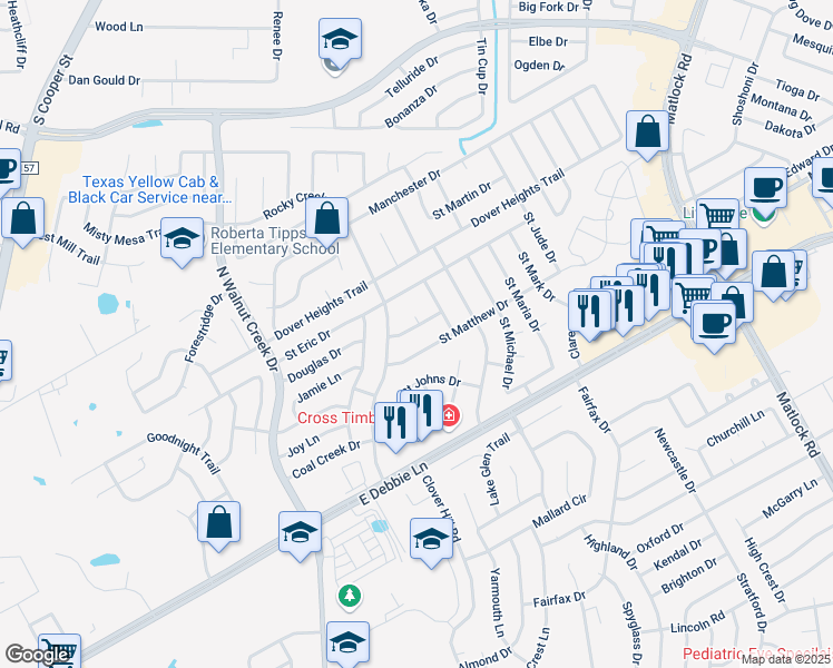 map of restaurants, bars, coffee shops, grocery stores, and more near 2904 Rocky Creek Drive in Mansfield