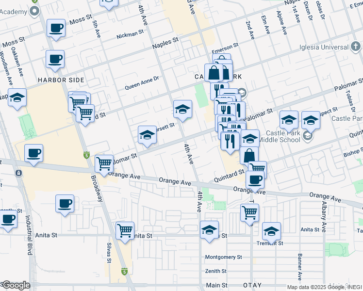 map of restaurants, bars, coffee shops, grocery stores, and more near 1304 4th Avenue in Chula Vista