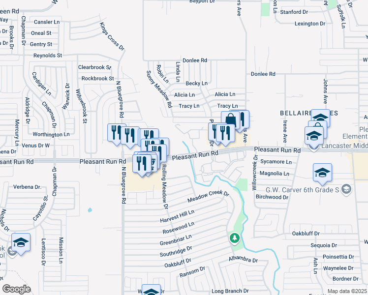 map of restaurants, bars, coffee shops, grocery stores, and more near 1409 Pleasant Run Road in Lancaster
