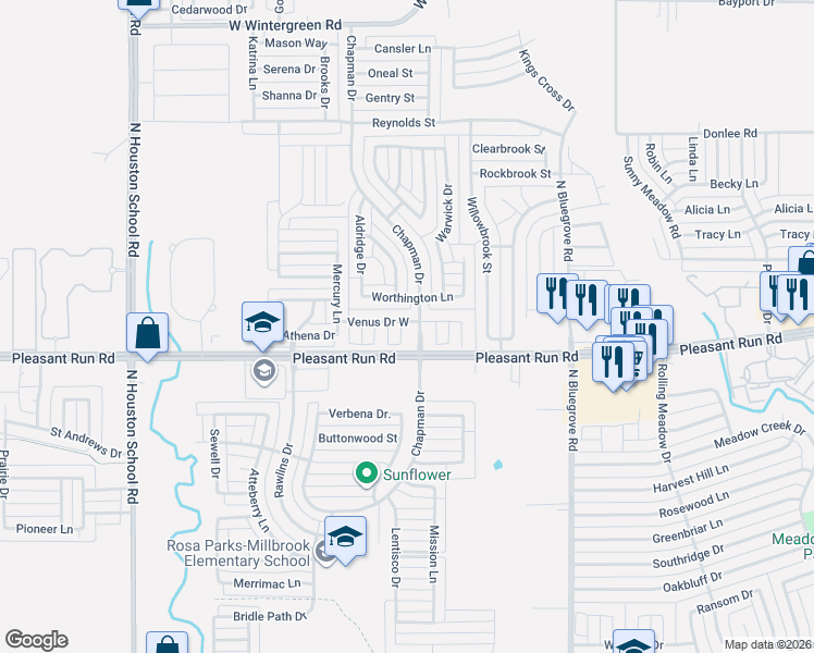 map of restaurants, bars, coffee shops, grocery stores, and more near 1711 Venus Drive West in Lancaster