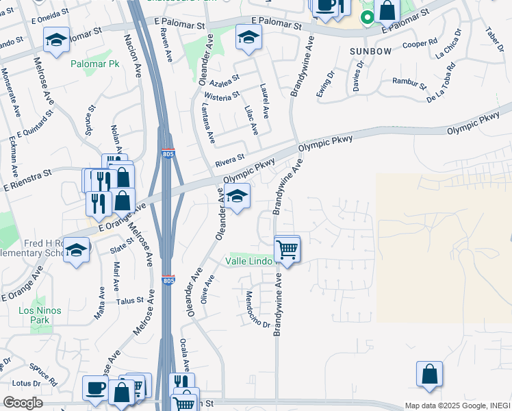 map of restaurants, bars, coffee shops, grocery stores, and more near 1539 Sonora Drive in Chula Vista