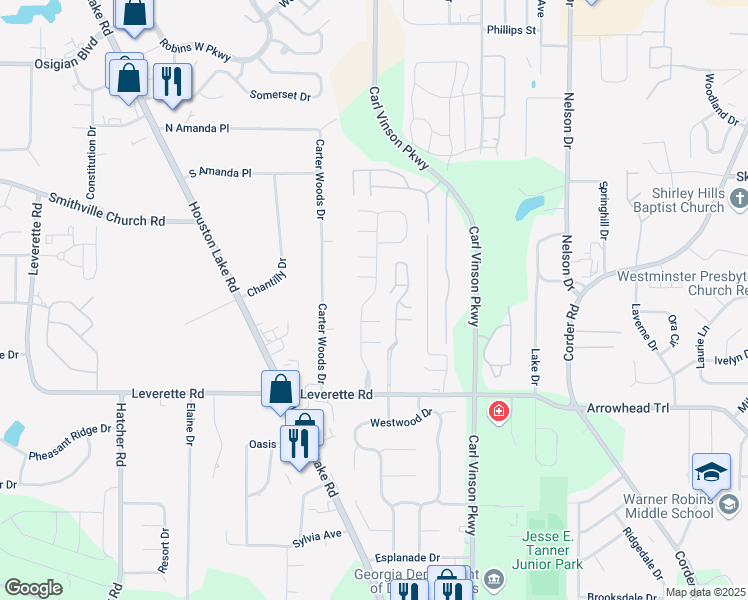 map of restaurants, bars, coffee shops, grocery stores, and more near 311 Wilmington Drive in Warner Robins
