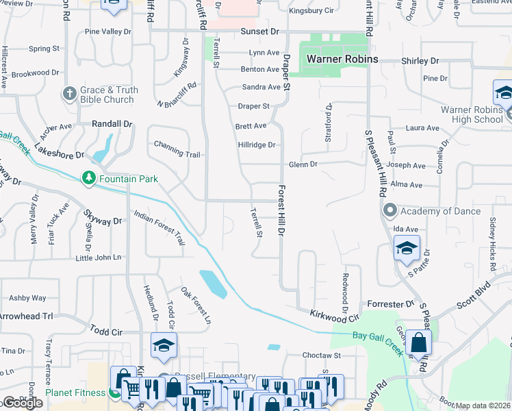 map of restaurants, bars, coffee shops, grocery stores, and more near 109 Granada Terrace in Warner Robins