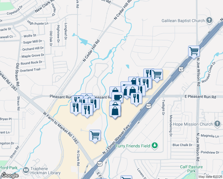 map of restaurants, bars, coffee shops, grocery stores, and more near 919 Bentle Branch Lane in Cedar Hill